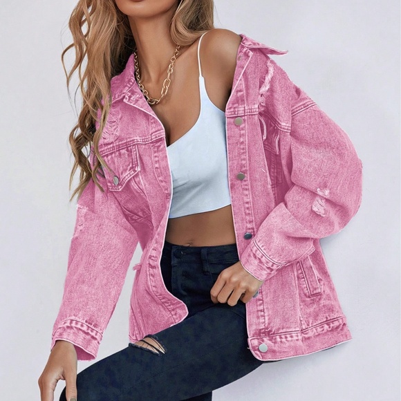 Distressed Button Down Loose Fit Denim Jeans Jackets - Picture 3 of 9